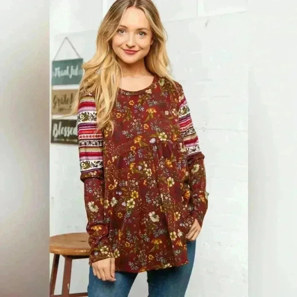 Burgundy Hacci Babydoll Ethnic Sleeve Top
